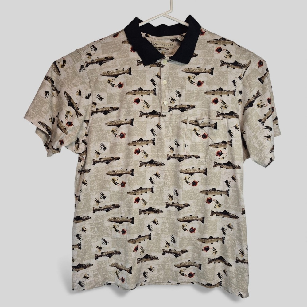 Vintage Munsingwear Mens XXL‎ Polo Fly Fishing Tan Short Sleeve Front Pocket